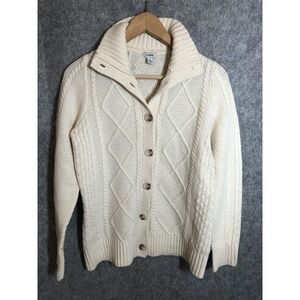 L.L.Bean Sweater Cardigan Womens Small White Wool Sailor Outdoor Cable Knit